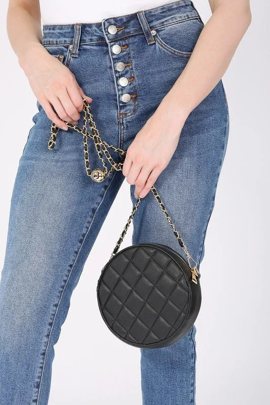 Round Vegan Leather Quilted Crossbody Bag