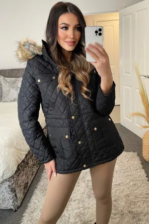 Sarah Black Diamond Quilted Faux Fur Hooded Coat