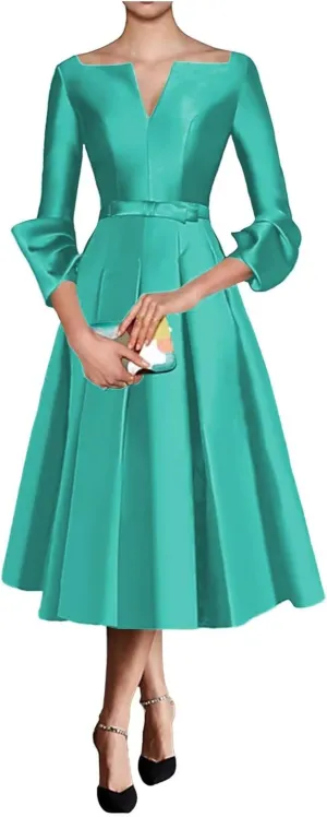 Satin Mother of The Bride Dresses for Women Tea Length Long Sleeves Wedding Guest Dress A Line Evening Gown