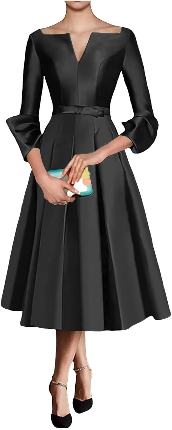 Satin Mother of The Bride Dresses for Women Tea Length Long Sleeves Wedding Guest Dress A Line Evening Gown