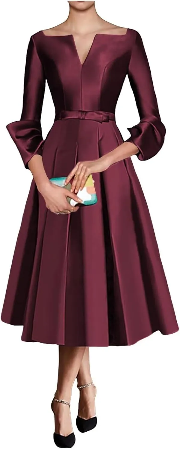 Satin Mother of The Bride Dresses for Women Tea Length Long Sleeves Wedding Guest Dress A Line Evening Gown