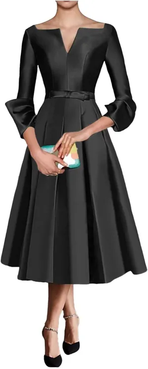 Satin Mother of The Bride Dresses for Women Tea Length Long Sleeves Wedding Guest Dress A Line Evening Gown
