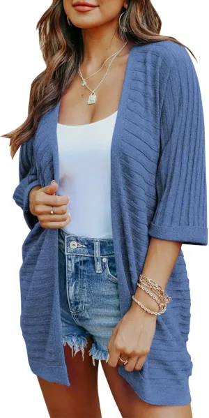 SHEWIN Women's Casual 3/4 Short Sleeve Open Front Lightweight Cable Knit Kimono Cardigan Sweaters