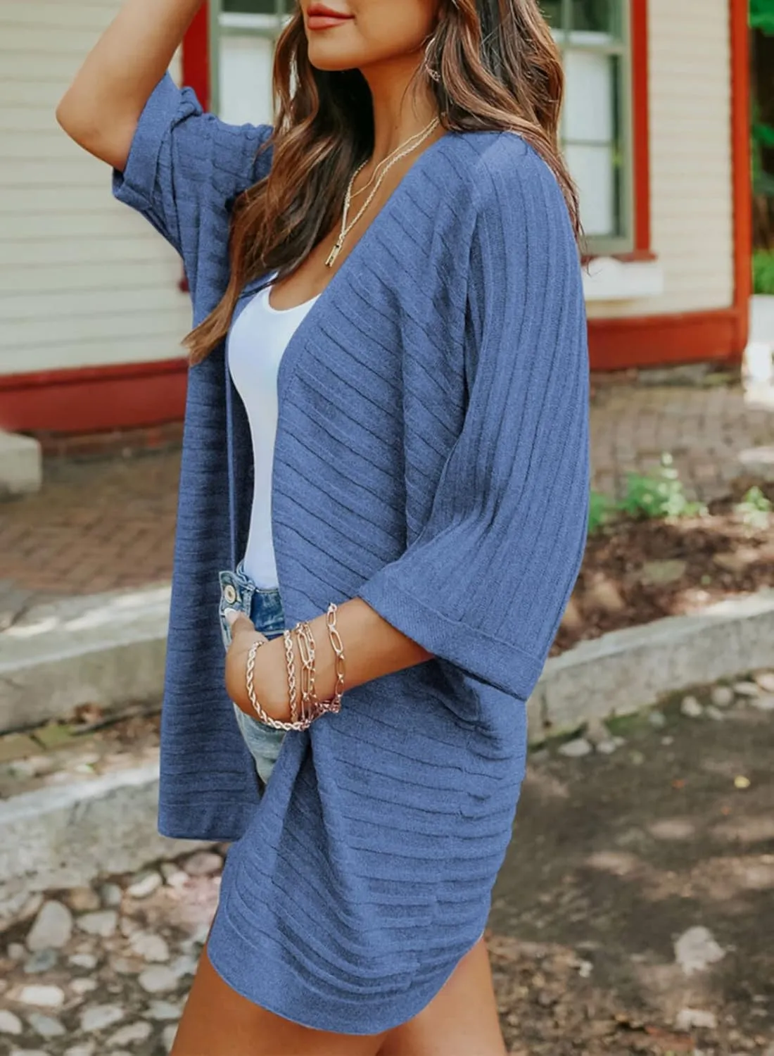 SHEWIN Women's Casual 3/4 Short Sleeve Open Front Lightweight Cable Knit Kimono Cardigan Sweaters