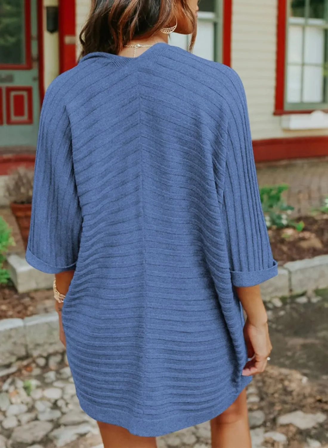 SHEWIN Women's Casual 3/4 Short Sleeve Open Front Lightweight Cable Knit Kimono Cardigan Sweaters