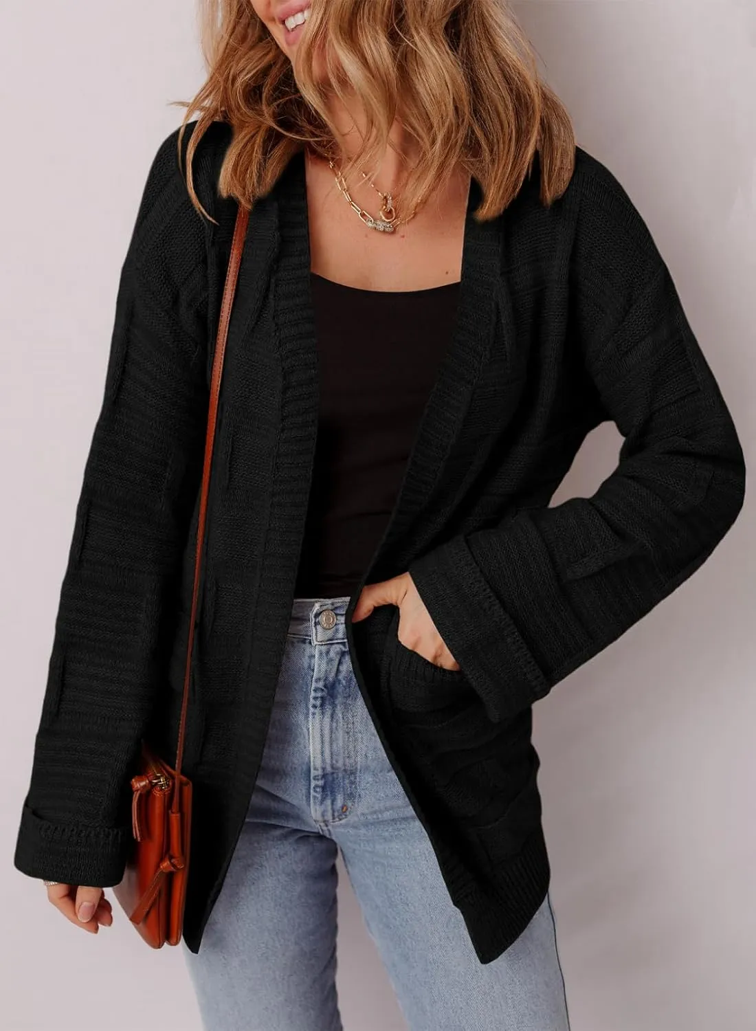 SHEWIN Women's Open Front Lightweight Cardigan Casual Long Sleeve Knit Loose Sweaters Outwear