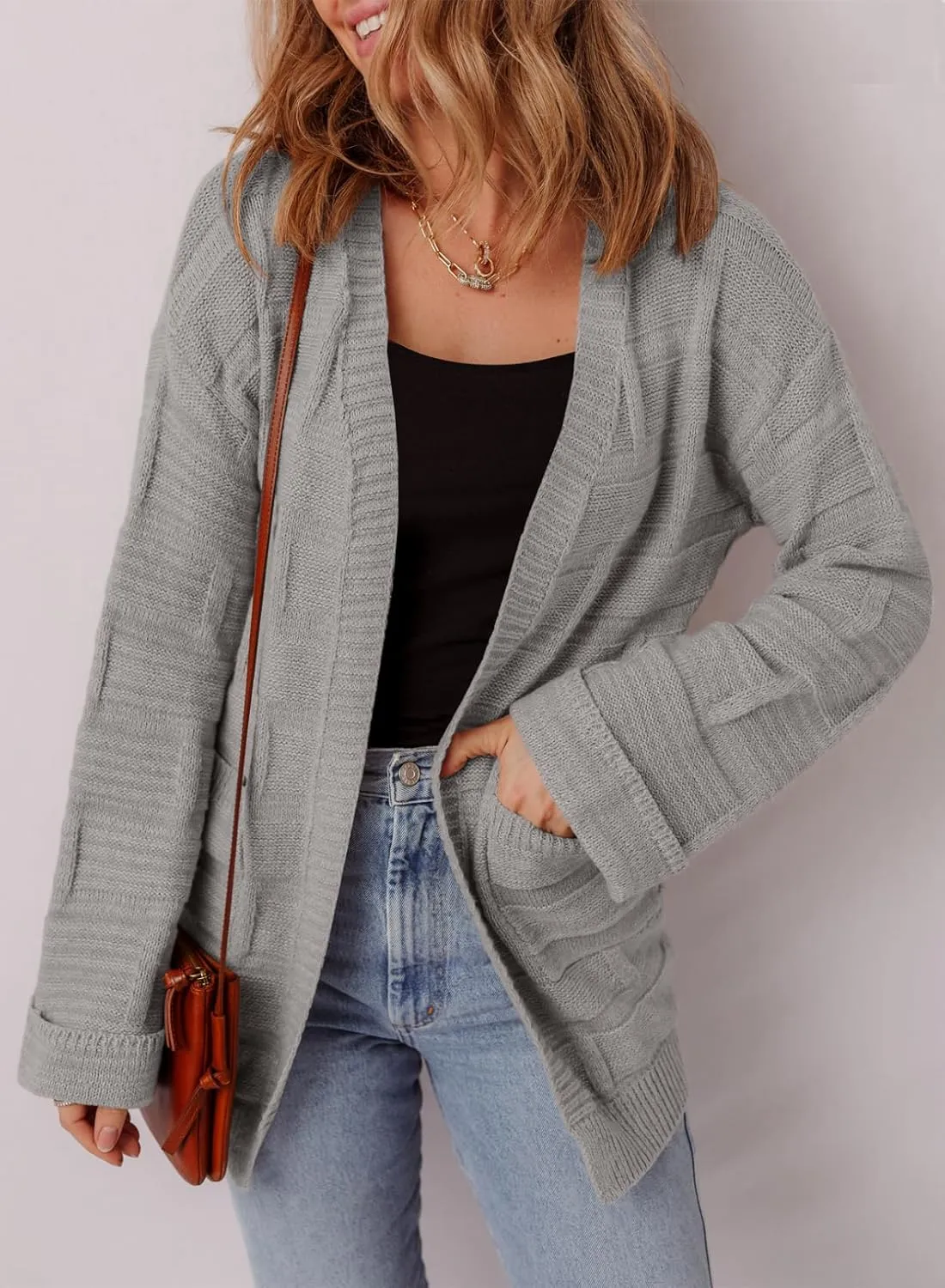 SHEWIN Women's Open Front Lightweight Cardigan Casual Long Sleeve Knit Loose Sweaters Outwear