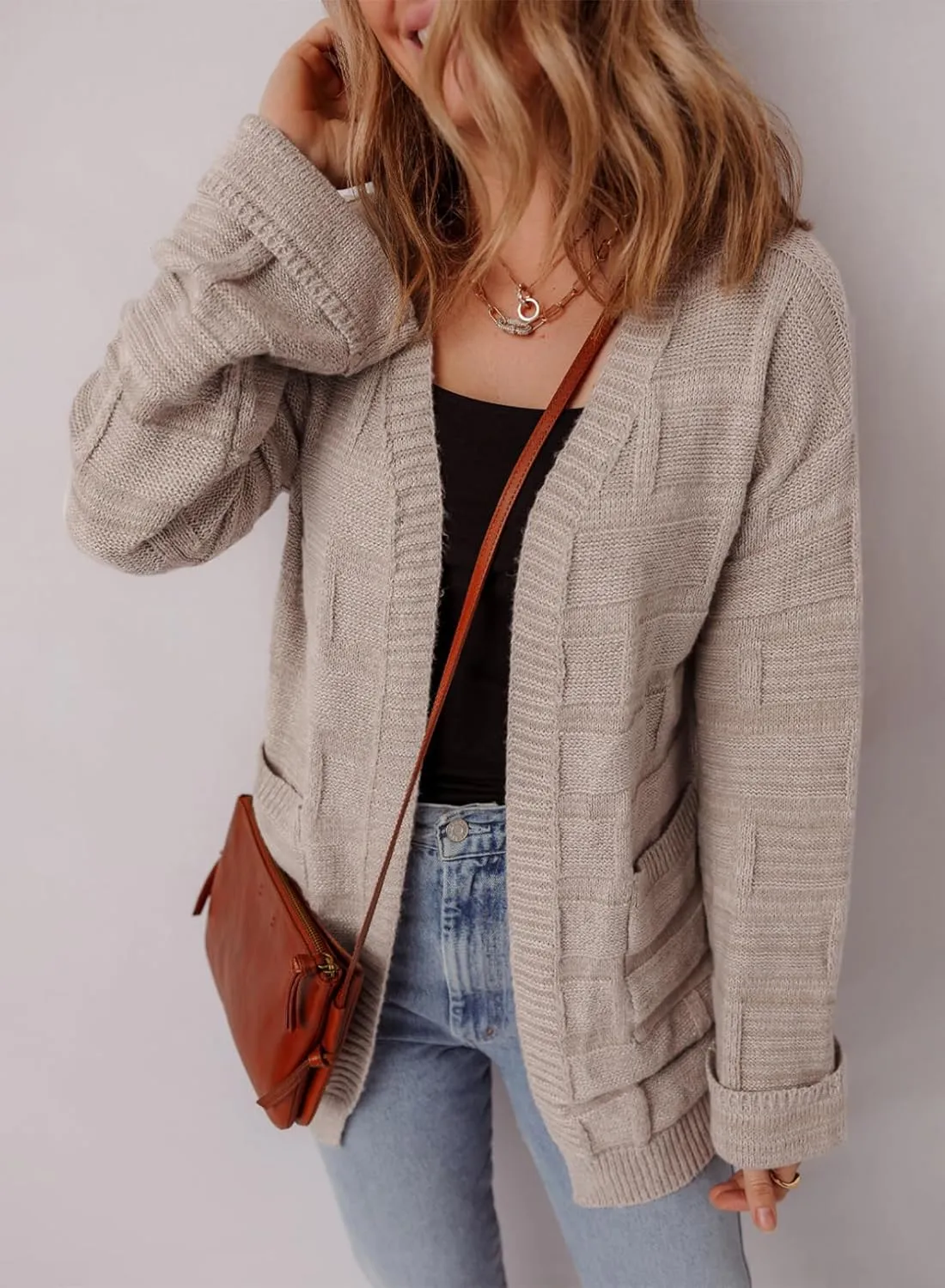SHEWIN Women's Open Front Lightweight Cardigan Casual Long Sleeve Knit Loose Sweaters Outwear