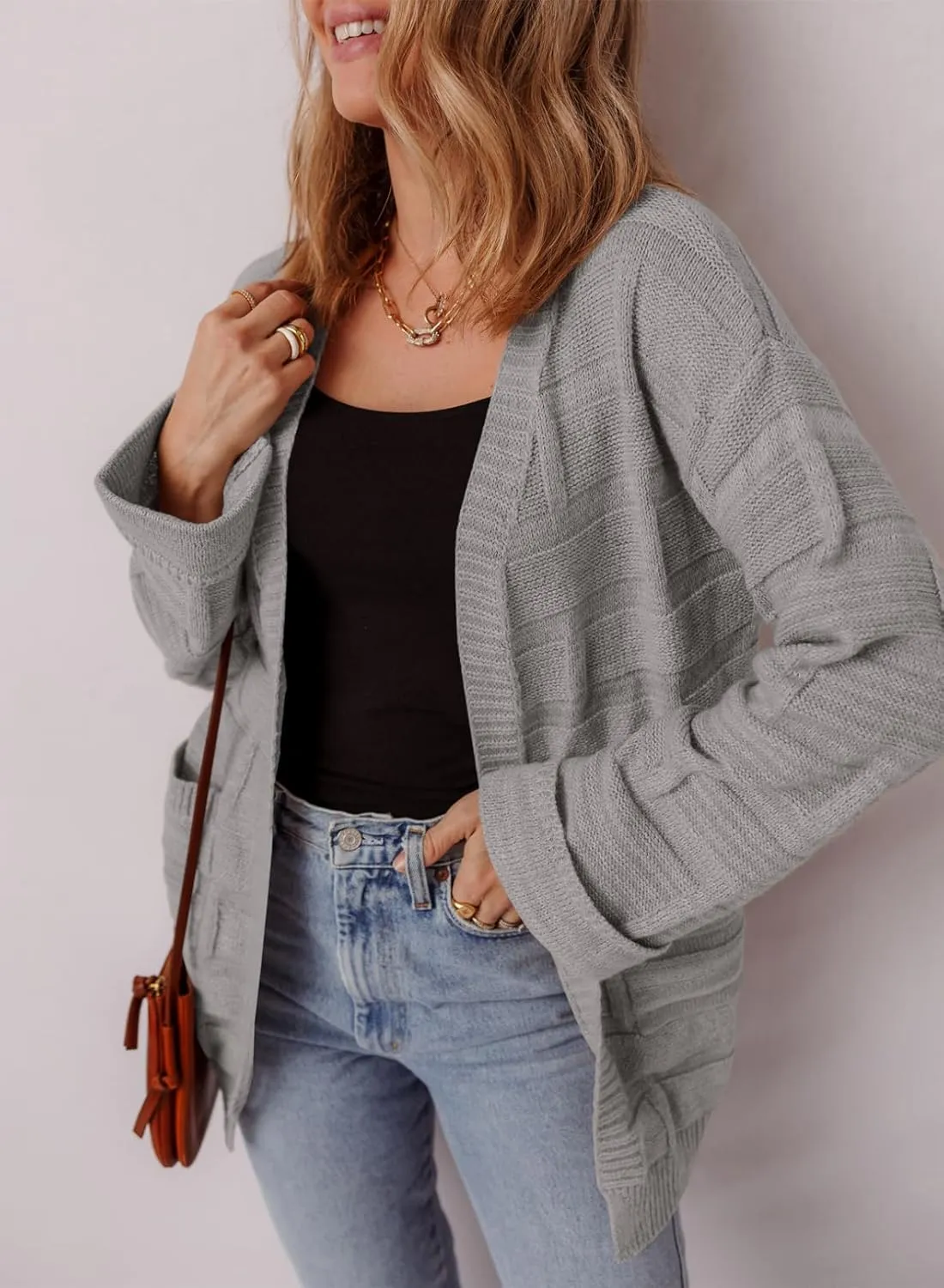 SHEWIN Women's Open Front Lightweight Cardigan Casual Long Sleeve Knit Loose Sweaters Outwear