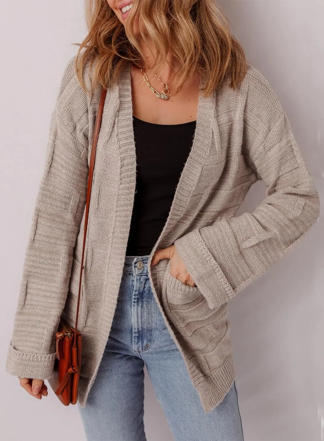 SHEWIN Women's Open Front Lightweight Cardigan Casual Long Sleeve Knit Loose Sweaters Outwear