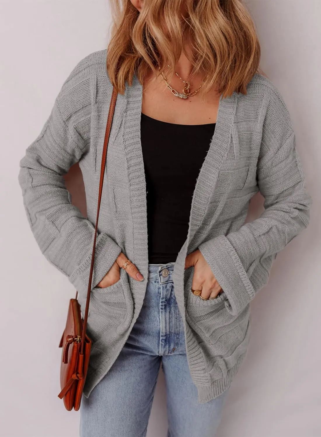 SHEWIN Women's Open Front Lightweight Cardigan Casual Long Sleeve Knit Loose Sweaters Outwear