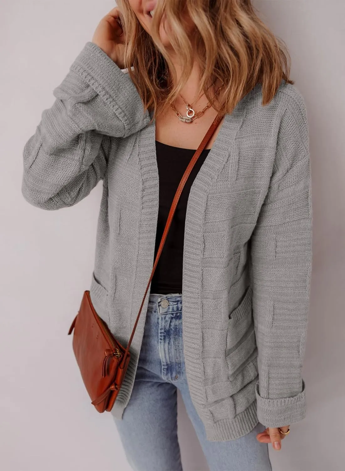 SHEWIN Women's Open Front Lightweight Cardigan Casual Long Sleeve Knit Loose Sweaters Outwear