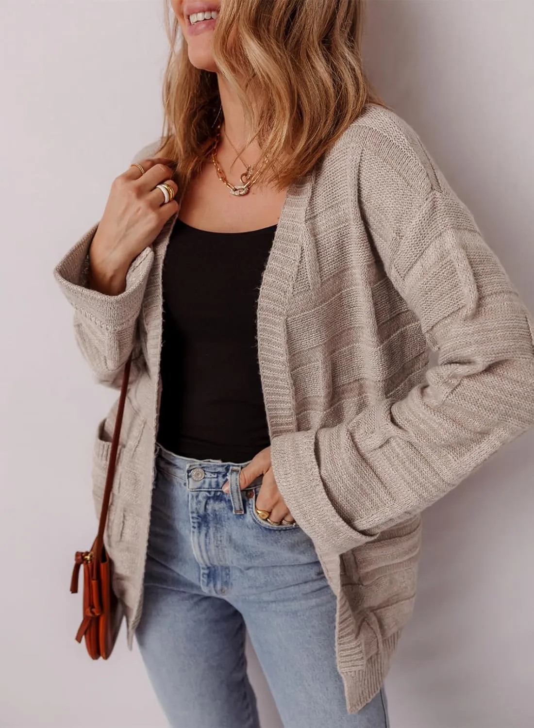 SHEWIN Women's Open Front Lightweight Cardigan Casual Long Sleeve Knit Loose Sweaters Outwear