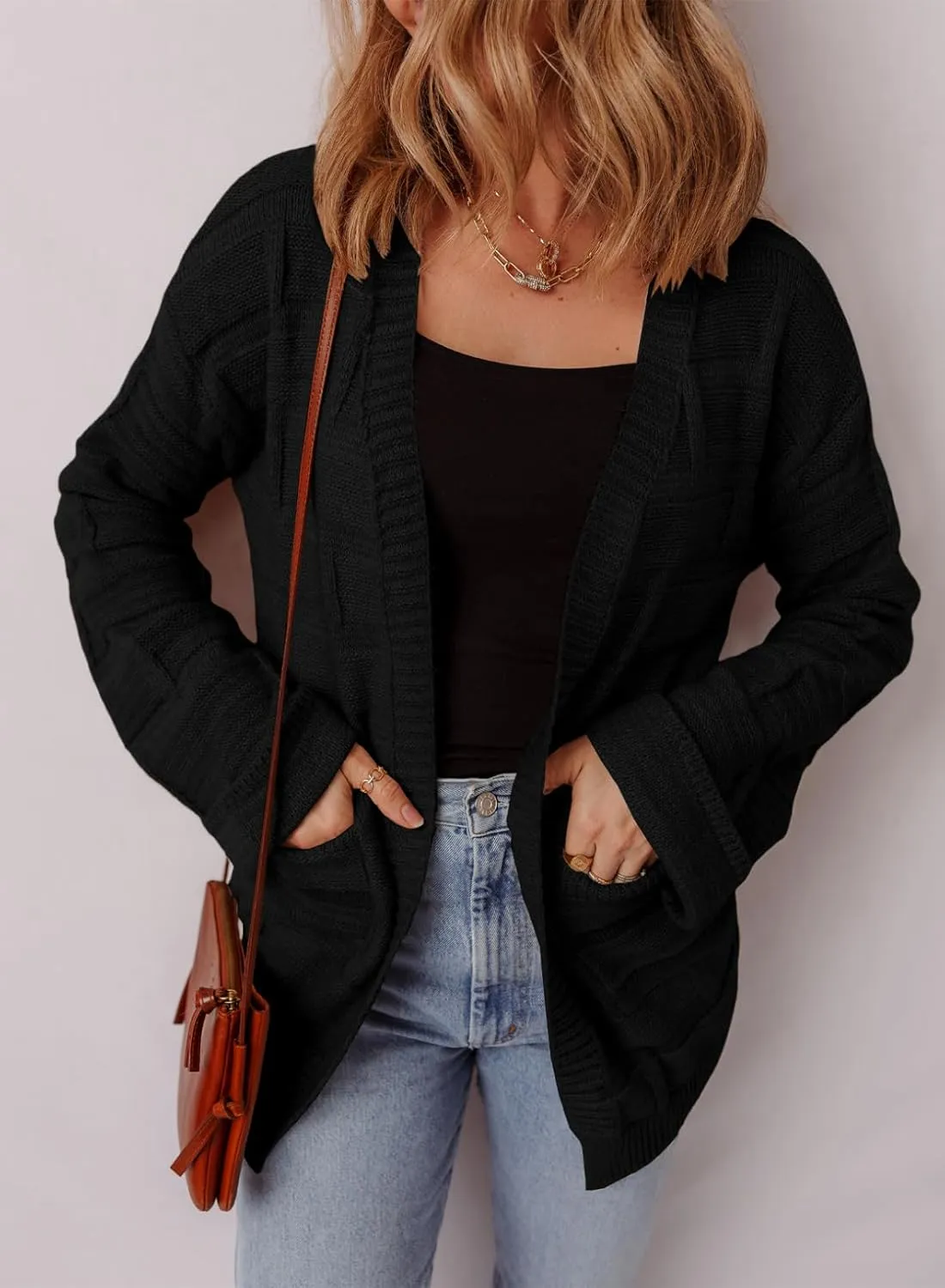 SHEWIN Women's Open Front Lightweight Cardigan Casual Long Sleeve Knit Loose Sweaters Outwear