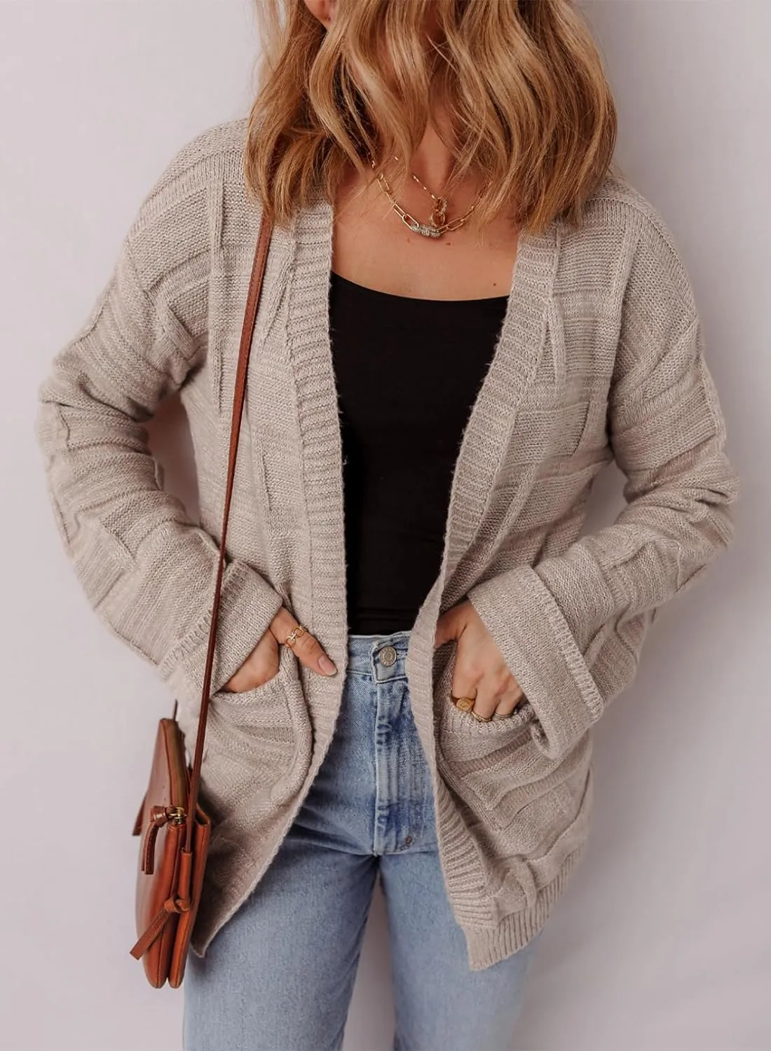SHEWIN Women's Open Front Lightweight Cardigan Casual Long Sleeve Knit Loose Sweaters Outwear