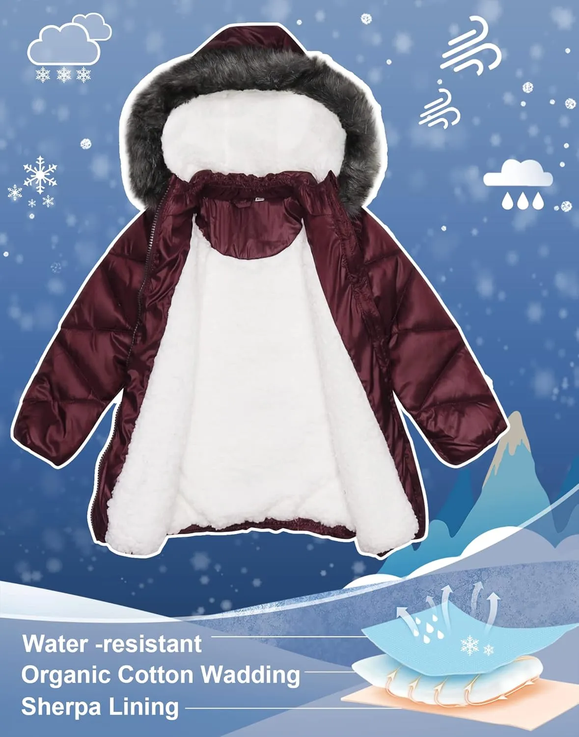 SOLOCOTE Girls Winter Coats Hooded Sherpa Lined Lightweight Jacket Thick Warm Puffy Waterproof Windproof Cotton Shiny Jackets