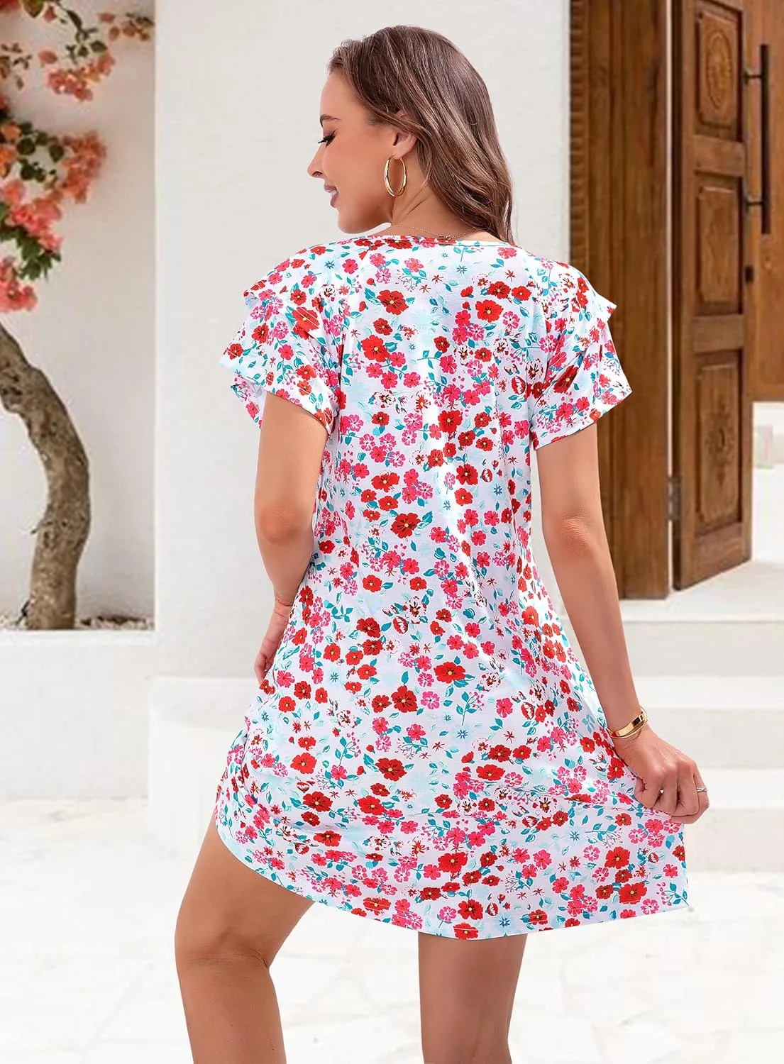 Summer Dresses for Women 2025 Casual Ruffle Sleeves Mini Dress Sundresses Floral Boho Beach Dresses with Pockets