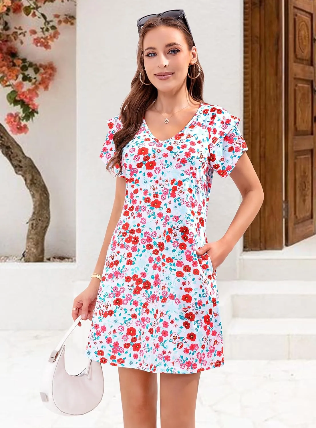 Summer Dresses for Women 2025 Casual Ruffle Sleeves Mini Dress Sundresses Floral Boho Beach Dresses with Pockets