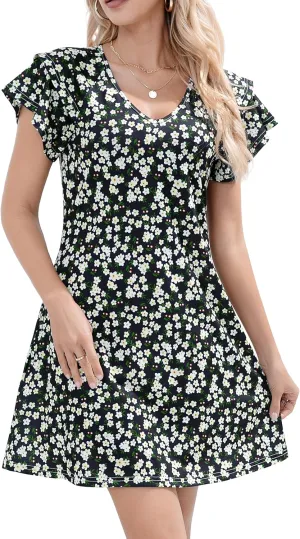 Summer Dresses for Women 2025 Casual Ruffle Sleeves Mini Dress Sundresses Floral Boho Beach Dresses with Pockets