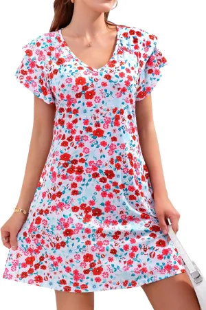 Summer Dresses for Women 2025 Casual Ruffle Sleeves Mini Dress Sundresses Floral Boho Beach Dresses with Pockets