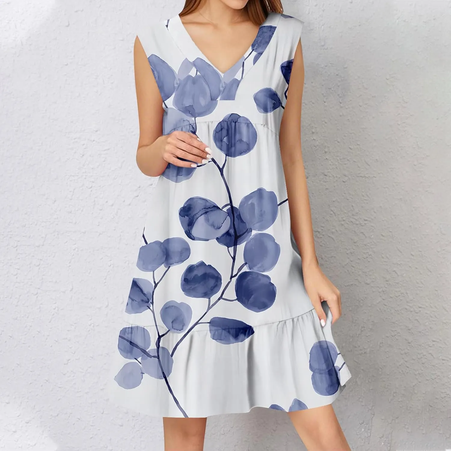 Summer Dresses for Women 2025 Casual Sleeveless Boho Floral High Waisted Ruffle V Neck Color Block A Line Mini Dress