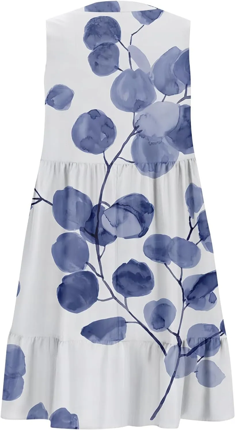 Summer Dresses for Women 2025 Casual Sleeveless Boho Floral High Waisted Ruffle V Neck Color Block A Line Mini Dress