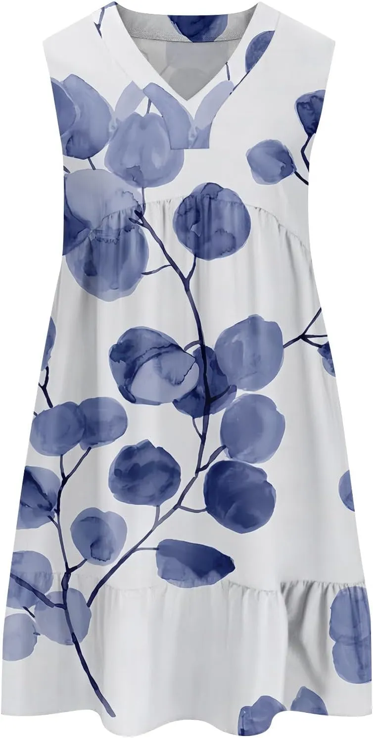 Summer Dresses for Women 2025 Casual Sleeveless Boho Floral High Waisted Ruffle V Neck Color Block A Line Mini Dress