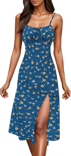 Summer Dresses for Women 2025 Trendy Spaghetti Strap Polka Dot Midi Dress Sexy Sleeveless Slit Beach Boho Sundresses