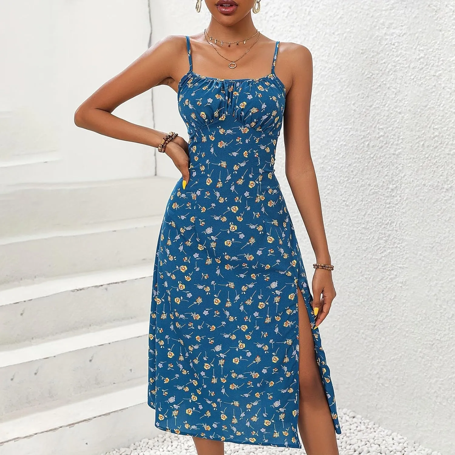 Summer Dresses for Women 2025 Trendy Spaghetti Strap Polka Dot Midi Dress Sexy Sleeveless Slit Beach Boho Sundresses