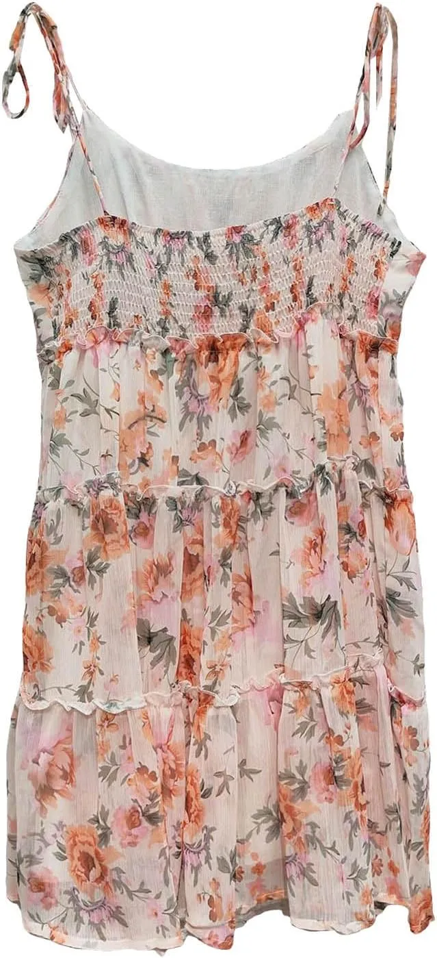 Summer Floral Boho Dresses for Women Spaghetti Straps Beach Ruffle Sexy Mini Dress