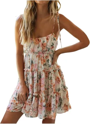 Summer Floral Boho Dresses for Women Spaghetti Straps Beach Ruffle Sexy Mini Dress