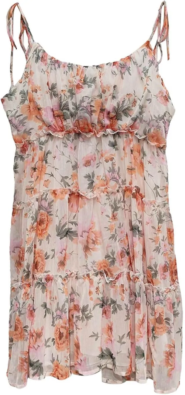 Summer Floral Boho Dresses for Women Spaghetti Straps Beach Ruffle Sexy Mini Dress