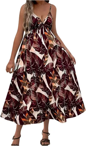 Tank Dresses for Women 2025 Plus Size Adjustable Spaghetti Strap Flower Dresses V-Neck Sleeveless Tropical midi Dress