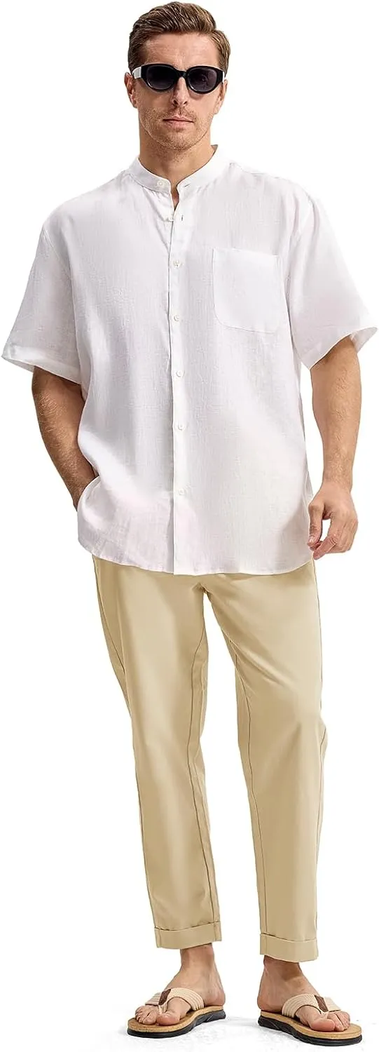 TBMPOY Mens Linen Pants Casual Lightweight Beach Summer Pants Elastic Waist Slim Fit Trousers