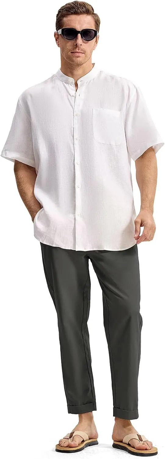 TBMPOY Mens Linen Pants Casual Lightweight Beach Summer Pants Elastic Waist Slim Fit Trousers