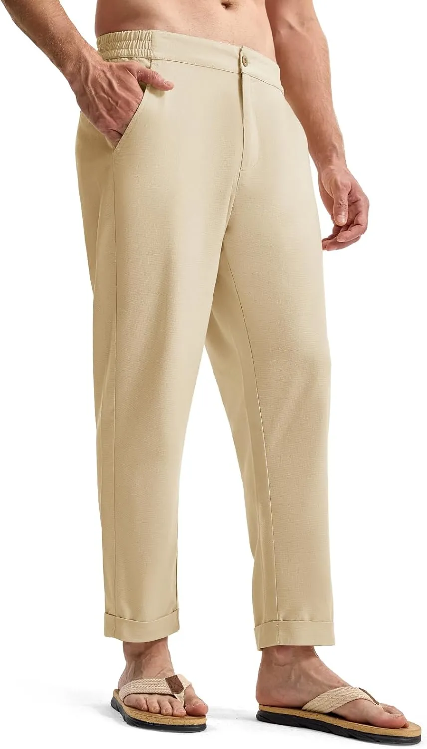 TBMPOY Mens Linen Pants Casual Lightweight Beach Summer Pants Elastic Waist Slim Fit Trousers