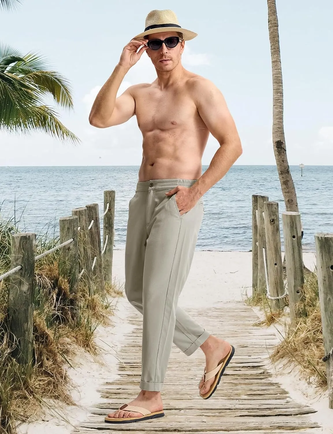 TBMPOY Mens Linen Pants Casual Lightweight Beach Summer Pants Elastic Waist Slim Fit Trousers