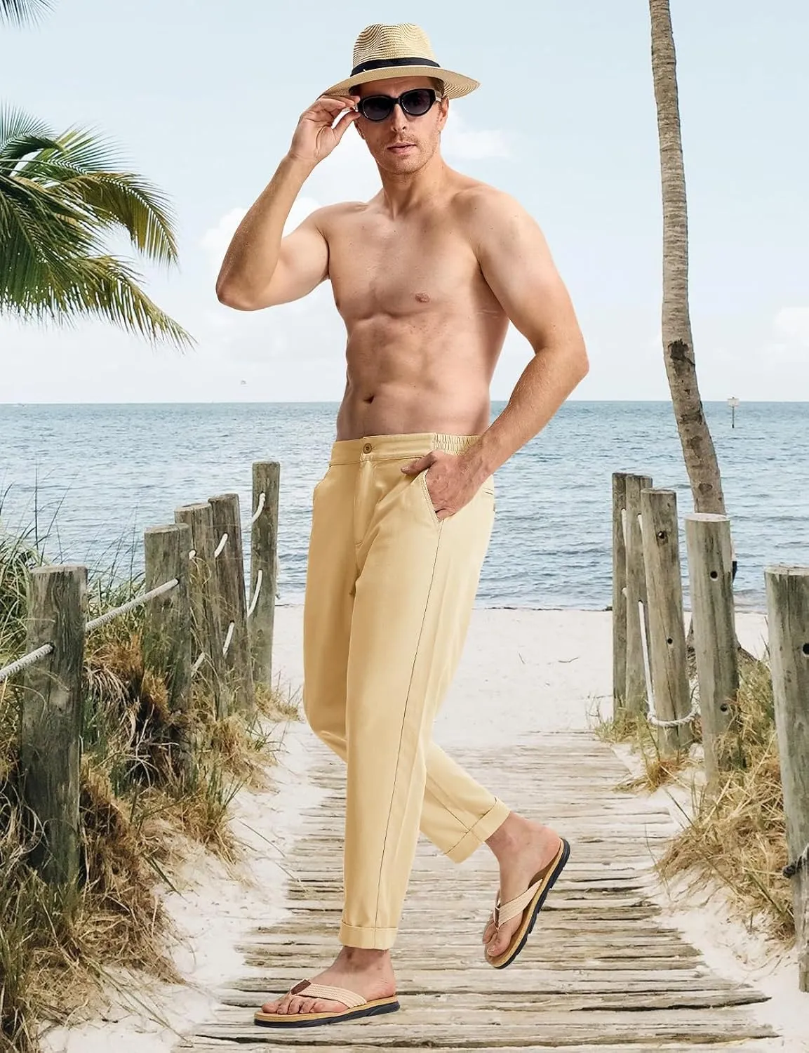TBMPOY Mens Linen Pants Casual Lightweight Beach Summer Pants Elastic Waist Slim Fit Trousers