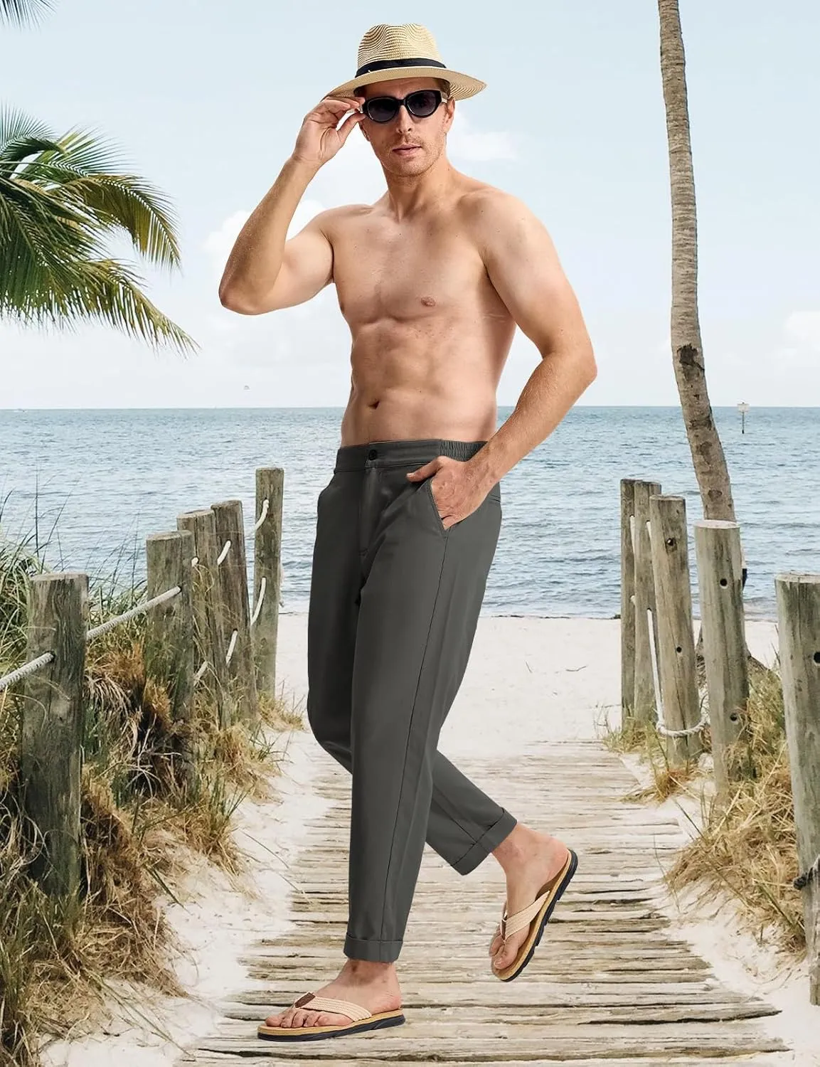 TBMPOY Mens Linen Pants Casual Lightweight Beach Summer Pants Elastic Waist Slim Fit Trousers
