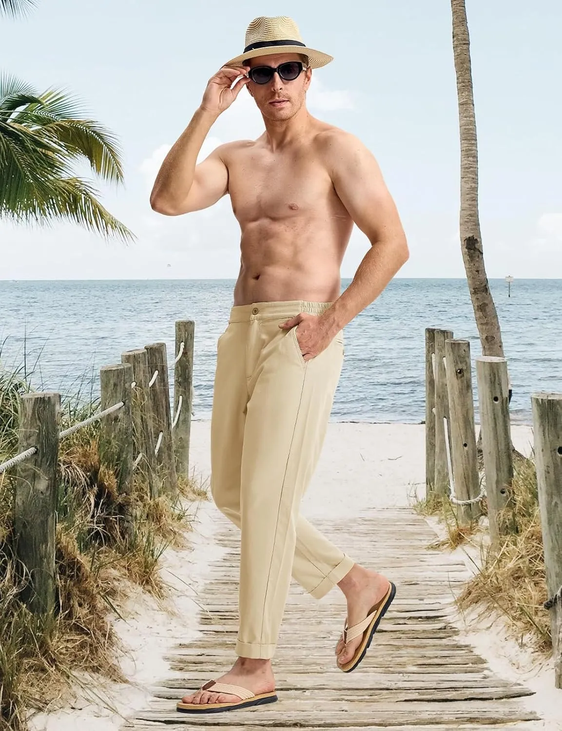TBMPOY Mens Linen Pants Casual Lightweight Beach Summer Pants Elastic Waist Slim Fit Trousers