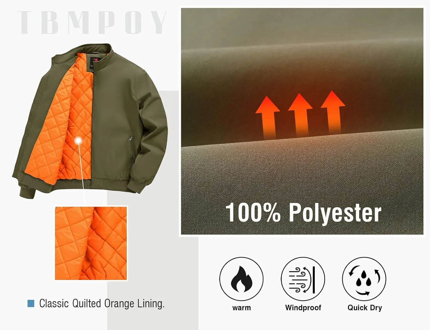 TBMPOY Men's Winter Lightweight Bomber Jackets Water Resistant Fall Casual Windbreakers Quilted Full Zip Windproof Work Coats