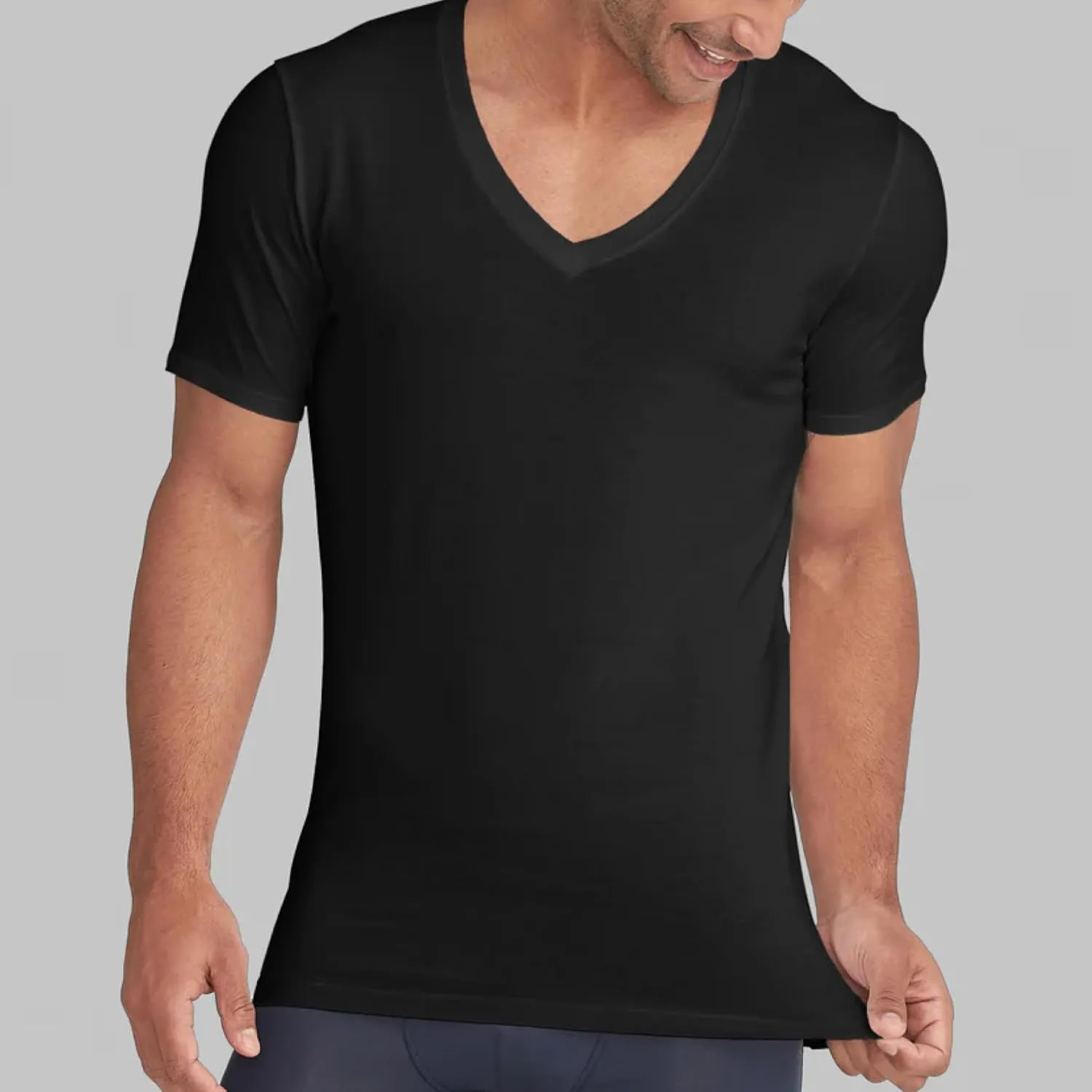 Tommy John Men's Supima Cool Cotton Deep V-Neck Shirt, Soft Stretch Fabric, Stay-Tuck Design, Short Sleeve Undershirt