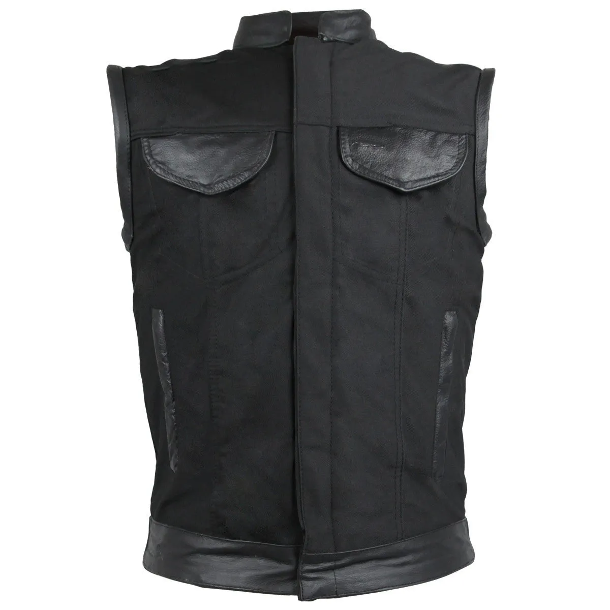 Vance Textile Mens Black SOA Club Style Leather Trimmed Textile Motorcycle Vest w/ Front Zipper and Snap Closure