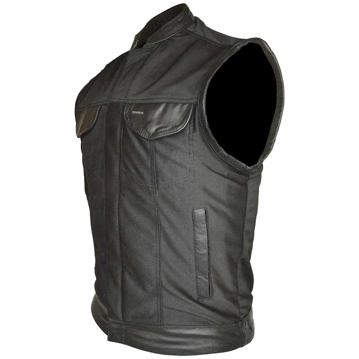 Vance Textile Mens Black SOA Club Style Leather Trimmed Textile Motorcycle Vest w/ Front Zipper and Snap Closure