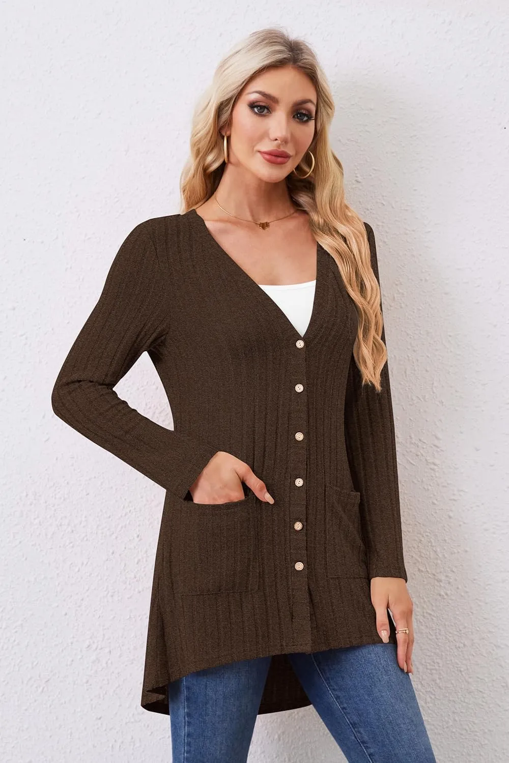 Women Cardigans Open Front Lightweight Button Down Duster Long Cardigan Vertical Stripes Pockets for Casual Fall