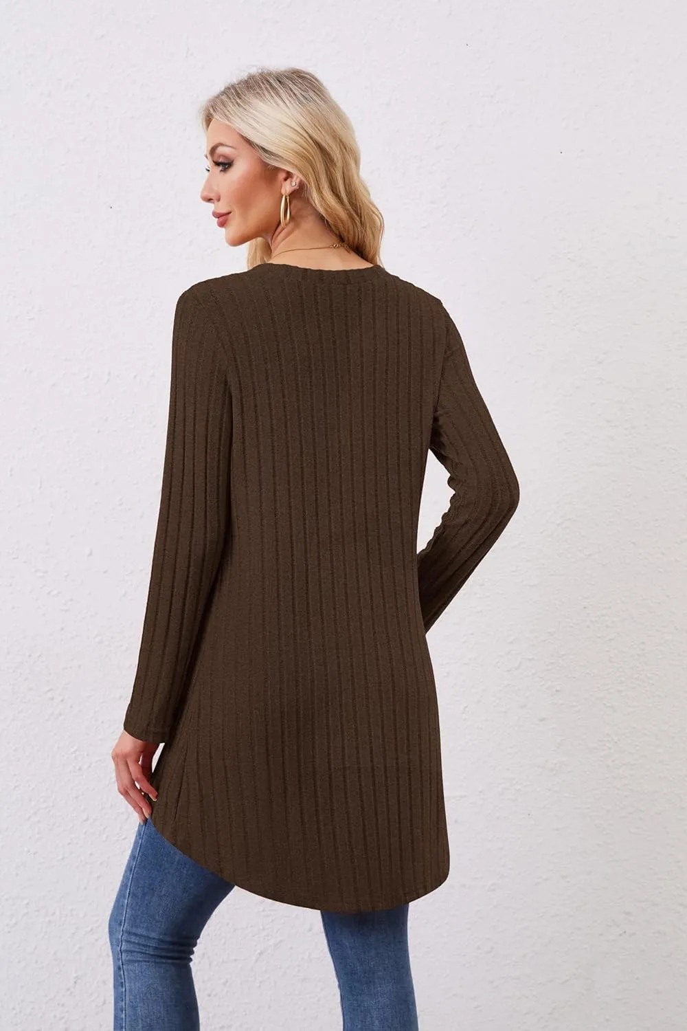 Women Cardigans Open Front Lightweight Button Down Duster Long Cardigan Vertical Stripes Pockets for Casual Fall