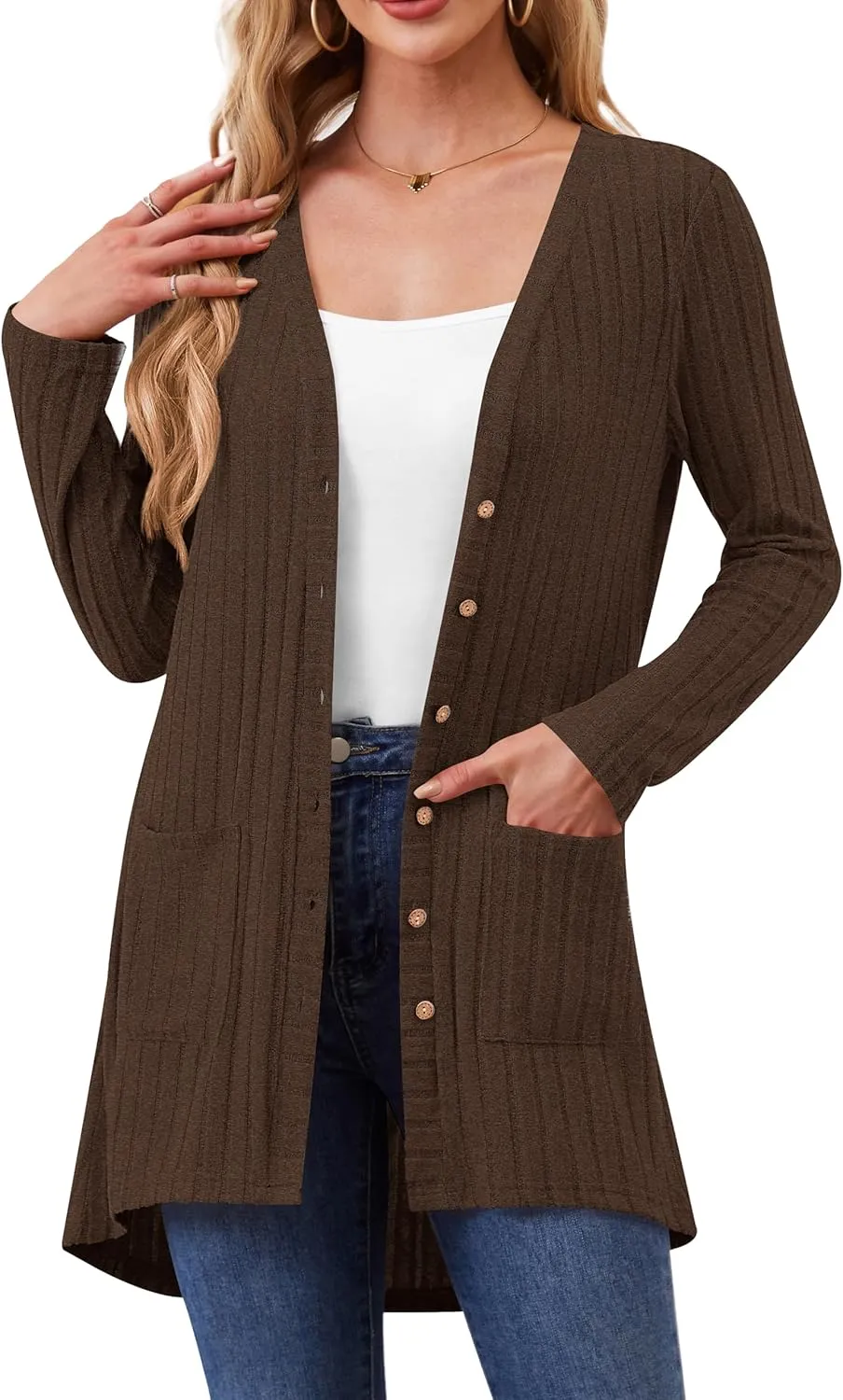 Women Cardigans Open Front Lightweight Button Down Duster Long Cardigan Vertical Stripes Pockets for Casual Fall
