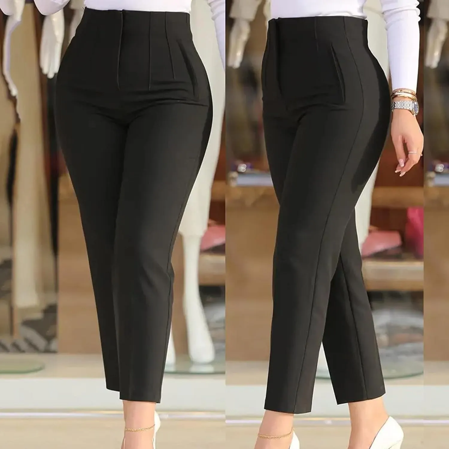 Women High Waist Cropped Work Pants Solid Zipper Trouser Pant Casual Baggy Elastic Waist Trouser Women Comfort