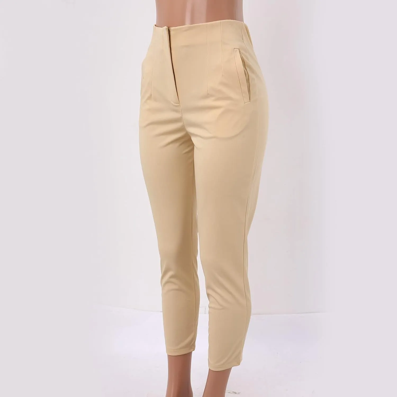 Women High Waist Cropped Work Pants Solid Zipper Trouser Pant Casual Baggy Elastic Waist Trouser Women Comfort