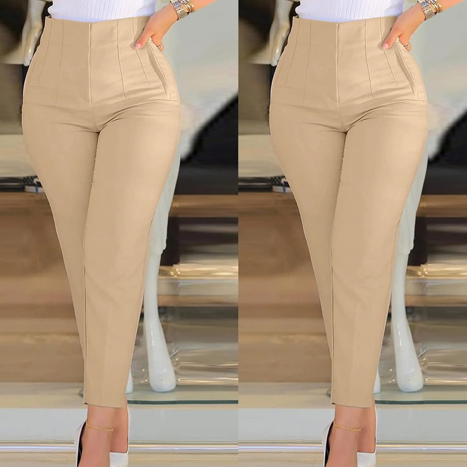 Women High Waist Cropped Work Pants Solid Zipper Trouser Pant Casual Baggy Elastic Waist Trouser Women Comfort